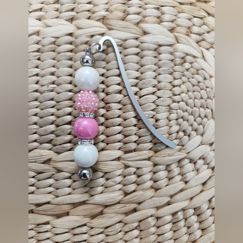 Pink and White Beaded Bookmark